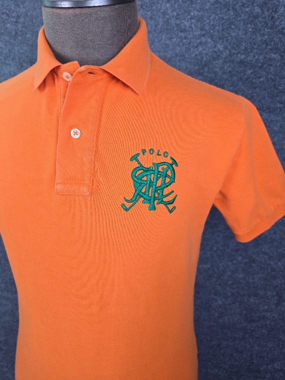 Polo Ralph Lauren Vintage Orange Polo Shirt Sz. S Green Crest Logo Mallets Pique